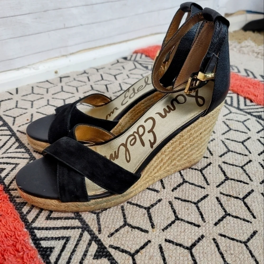 SAM EDELMAN BRENDA BLACK SUEDE ESPADRILLE WEDGES, SZ 10